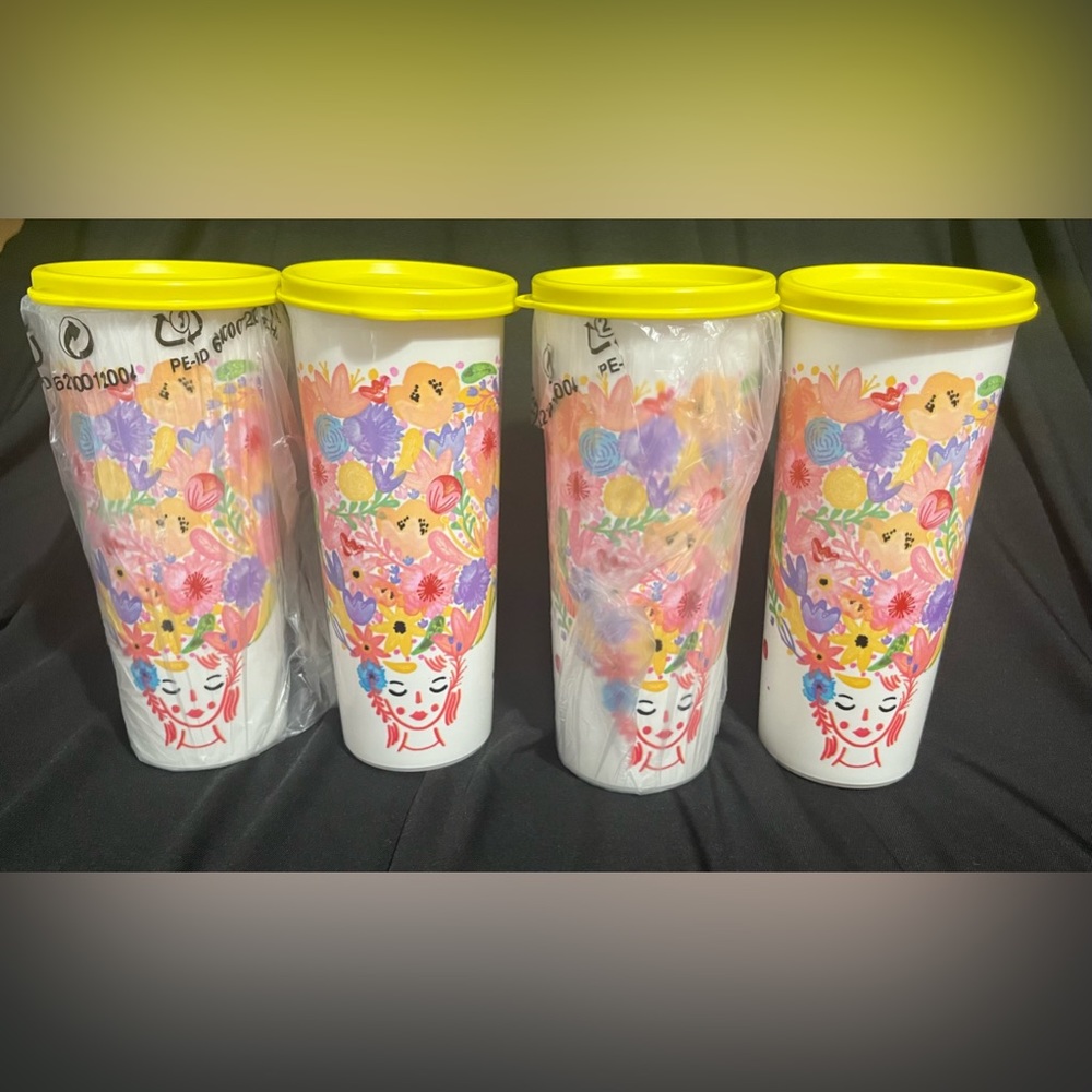 Tupperware 16 oz Tumbler Set of 4 with woman & floral design (Brand NEW)